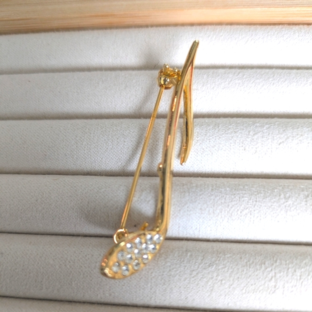 Vintage Musical Note Gold Tone Rhinestone Brooch